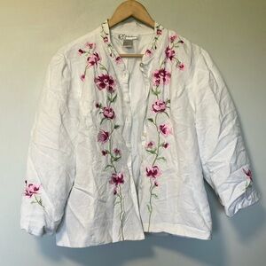 Dress Barn linen rayon Blend White Floral Embroidered Jacket